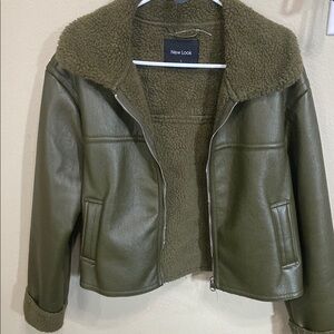 New Look Green Teddy Jacket with Fuzzy Collar